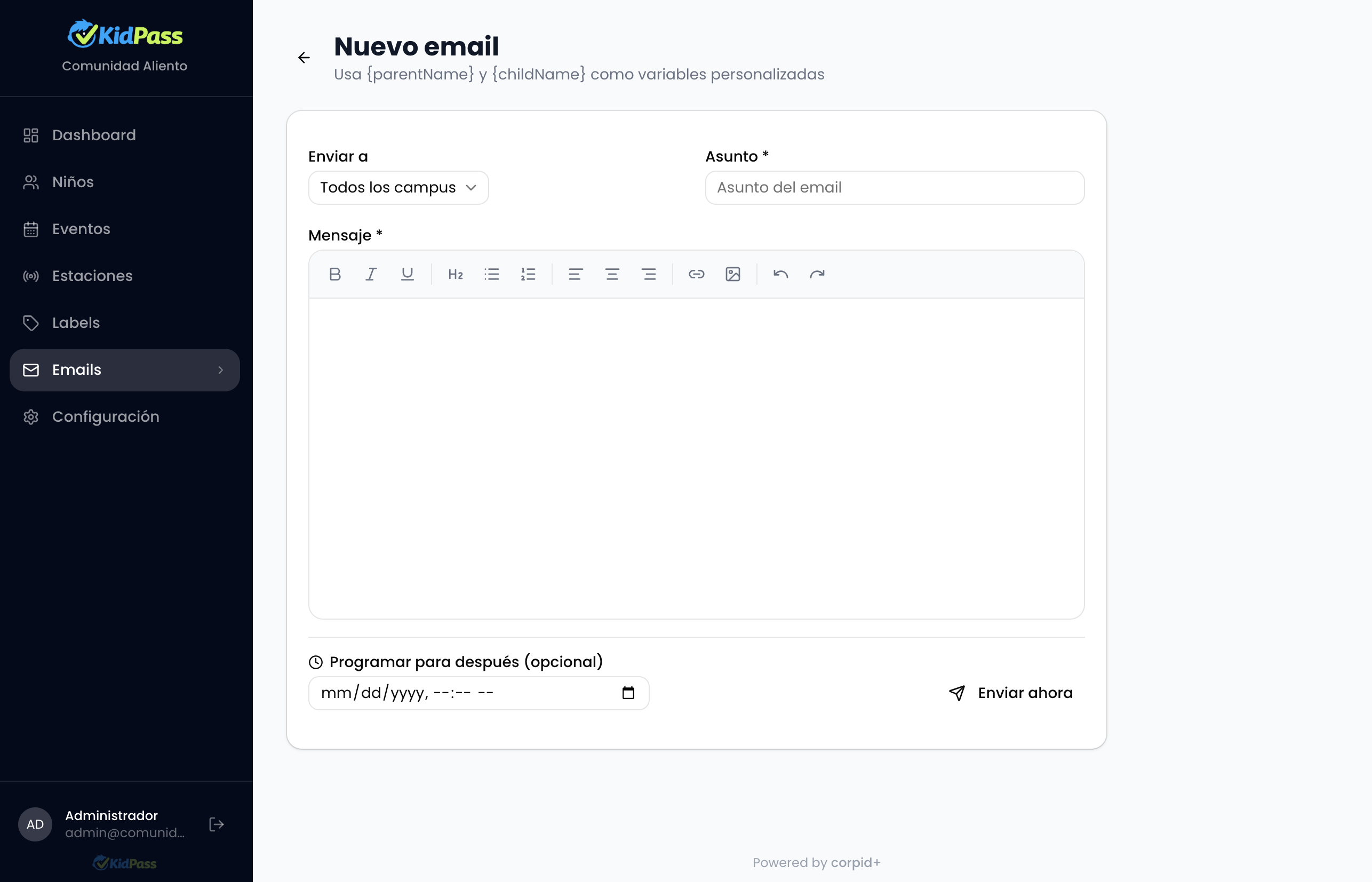 Editor de emails en KidPass